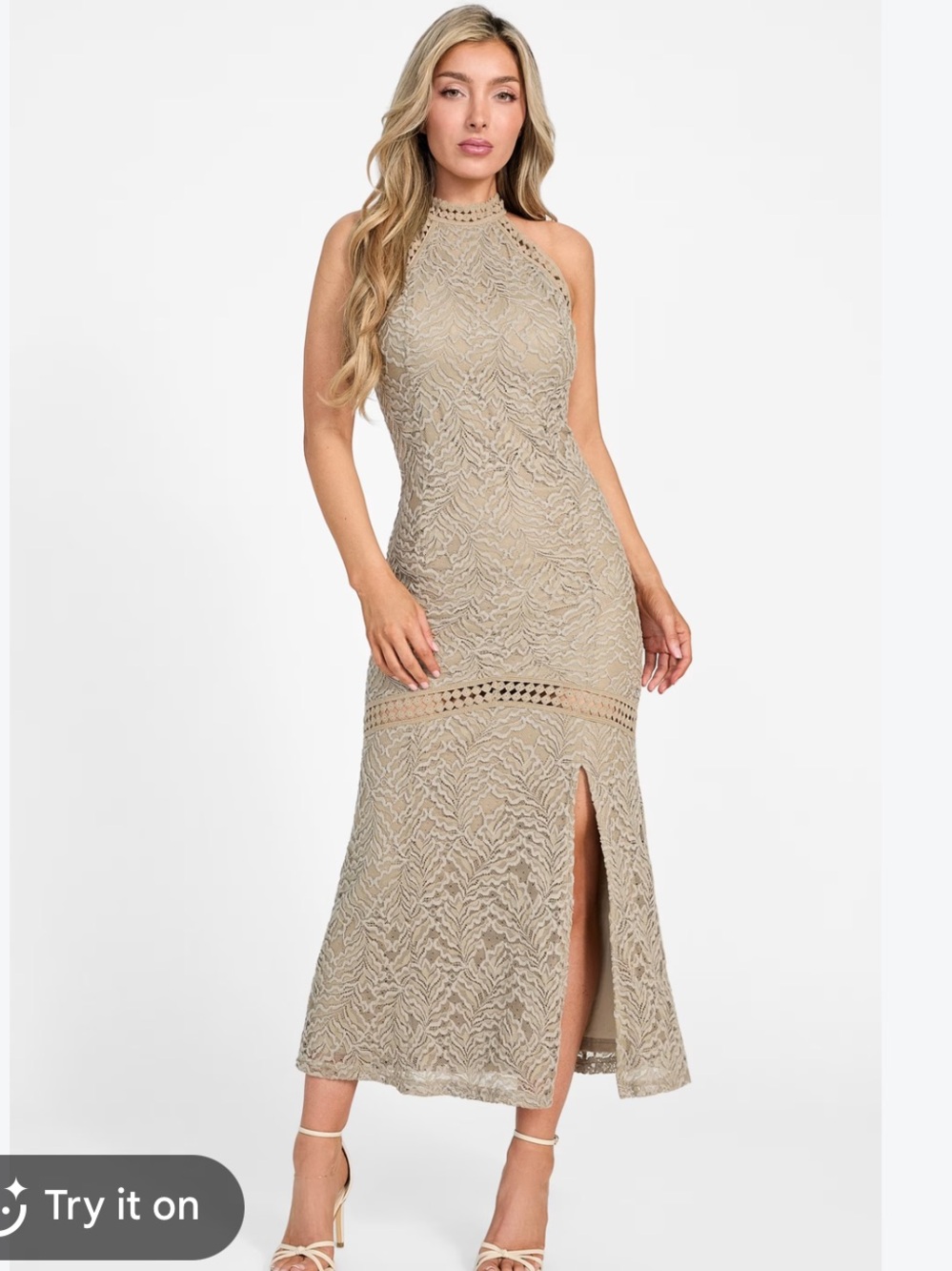 GUESS Liza Lace Maxi Dress Medium Moss Khaki NWT Sleeveless Halter Midi Slit